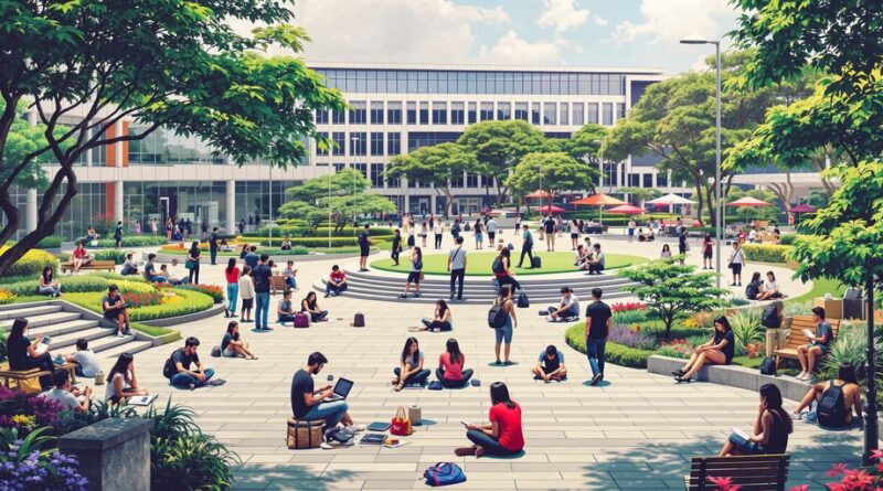 Kampus universitas yang ramai dengan mahasiswa belajar dan berdiskusi.