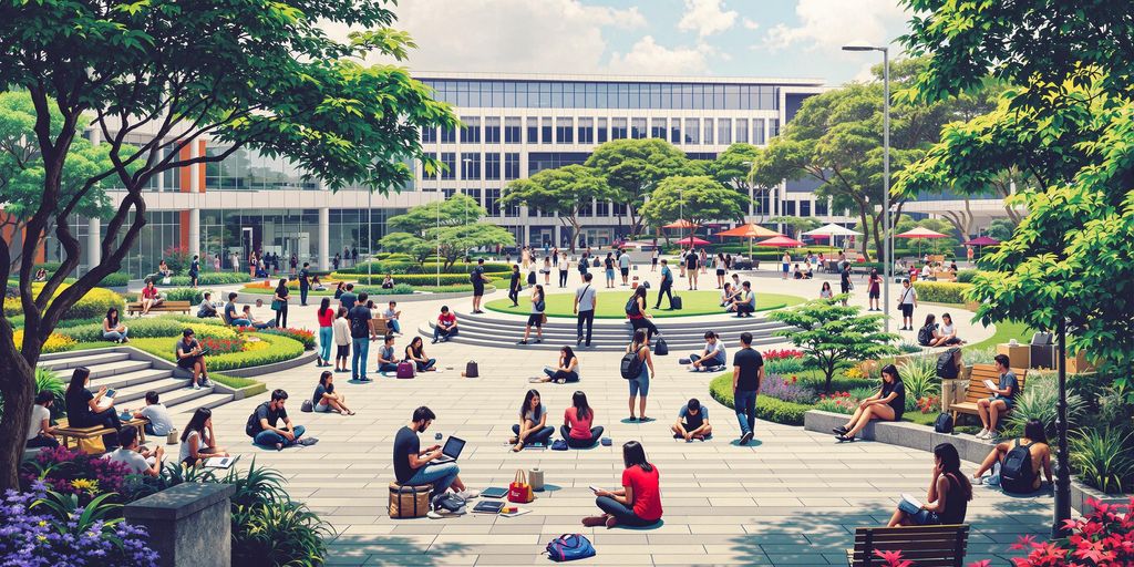 Kampus universitas yang ramai dengan mahasiswa belajar dan berdiskusi.