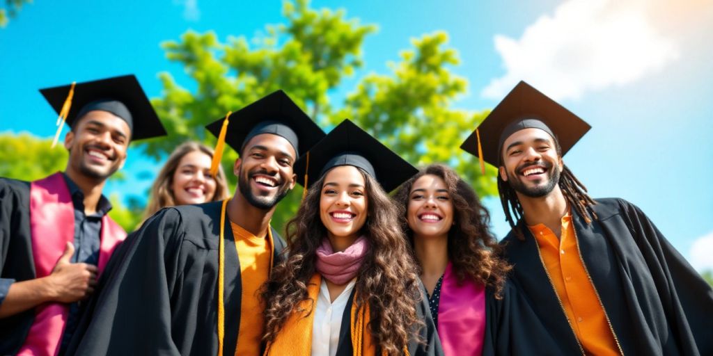 Graduasi mahasiswa dengan toga di luar ruangan.