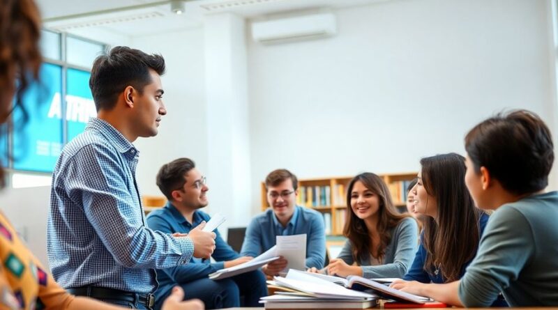 Ruang kelas dengan mahasiswa berdiskusi dan dosen.