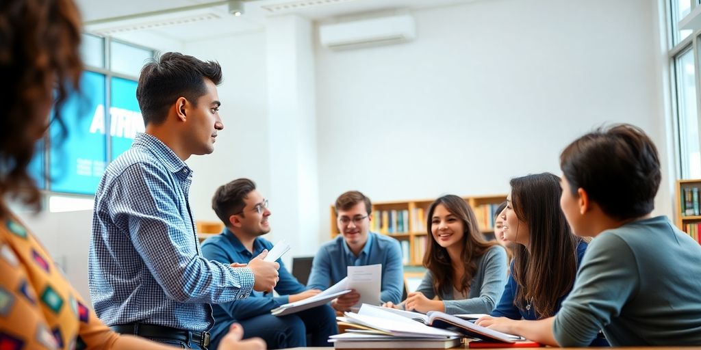 Ruang kelas dengan mahasiswa berdiskusi dan dosen.