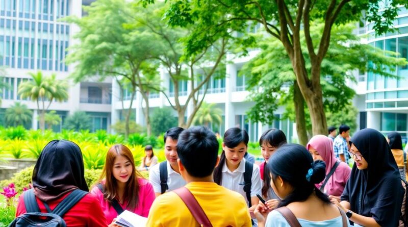 Siswa berdiskusi di kampus perguruan tinggi di Indonesia.